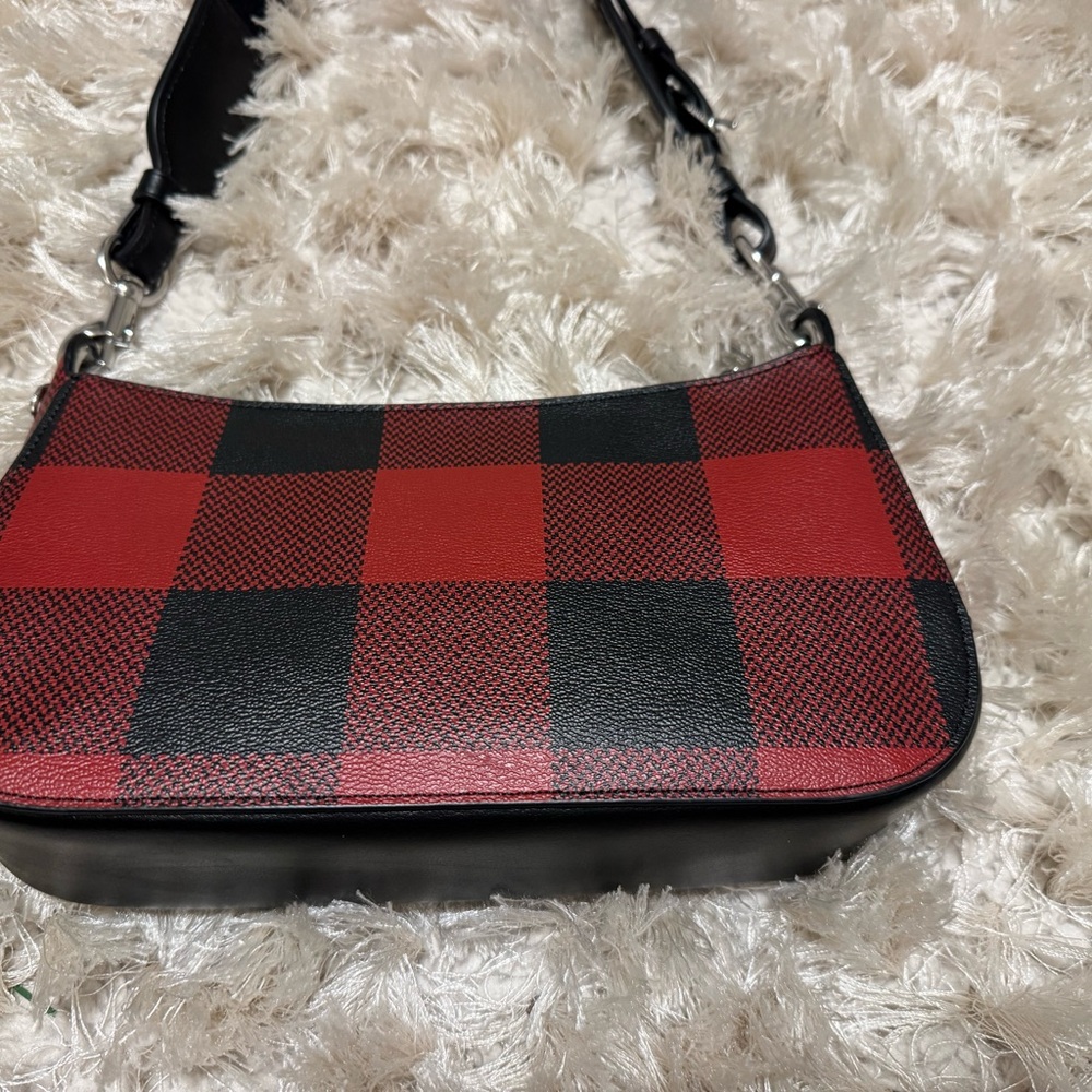 ✨NWOT Coach Buffalo Plaid Jes Baguette red and black leather crossbody bag ✨ - Picture 6 of 10
